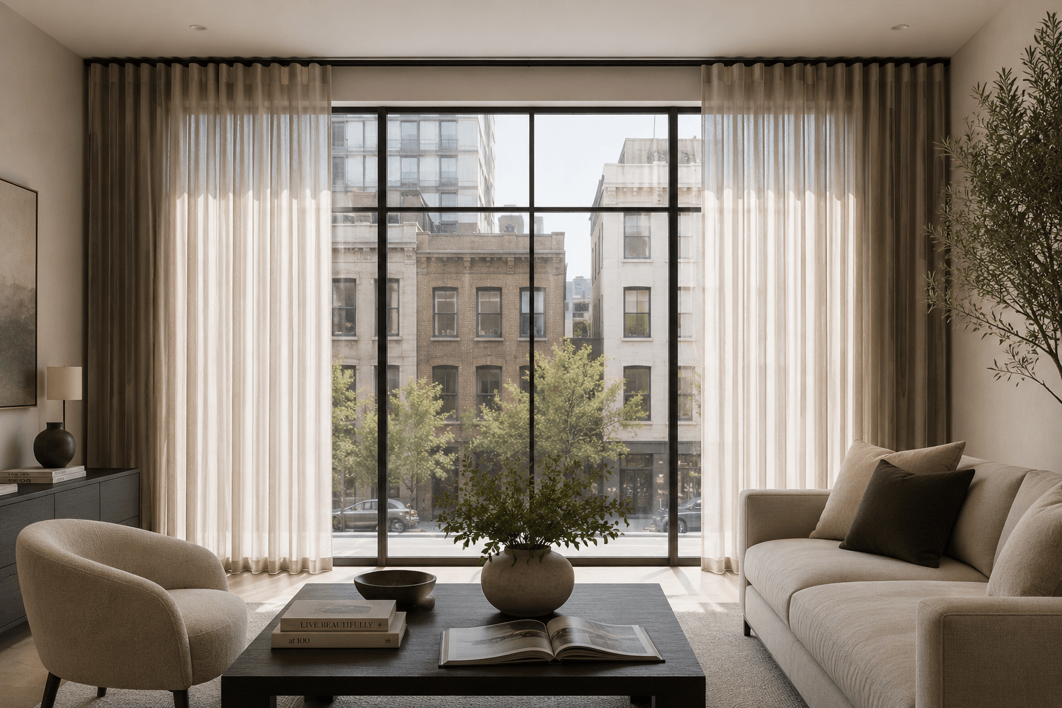 Luxury modern dining room with custom drapery